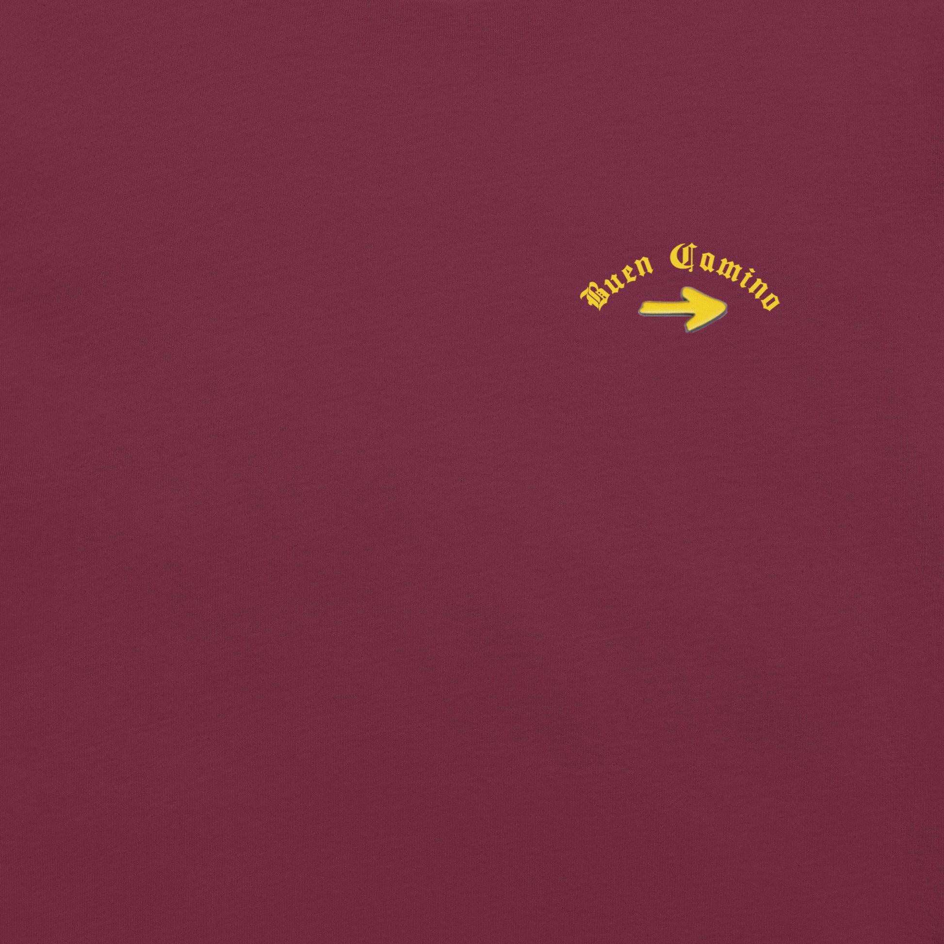 Maroon Camino de Santiago T-Shirt, Front View Close-up Buen Camino arrow logo