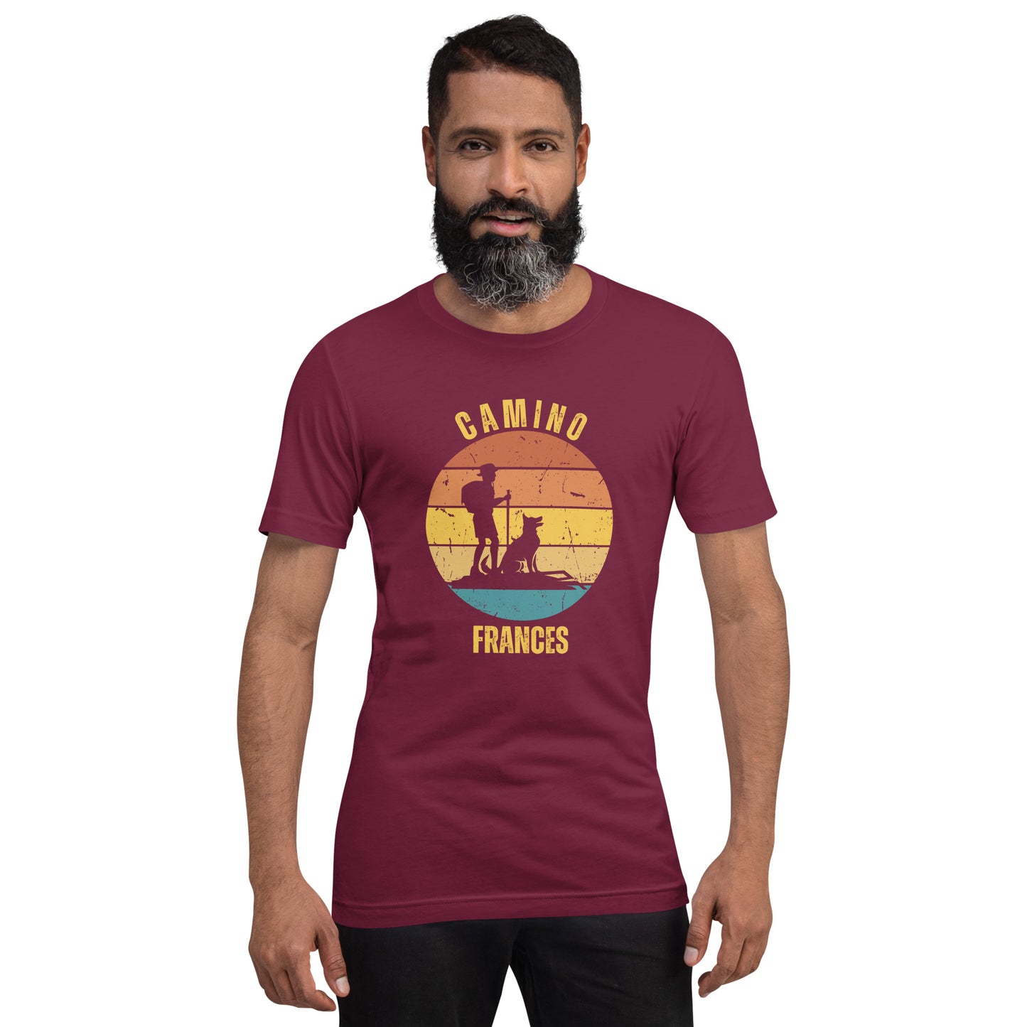 Camino Frances T-Shirt, Gift for Camino de Santiago French Way Peregrino, Keepsake, Hiker & Dog, Unisex