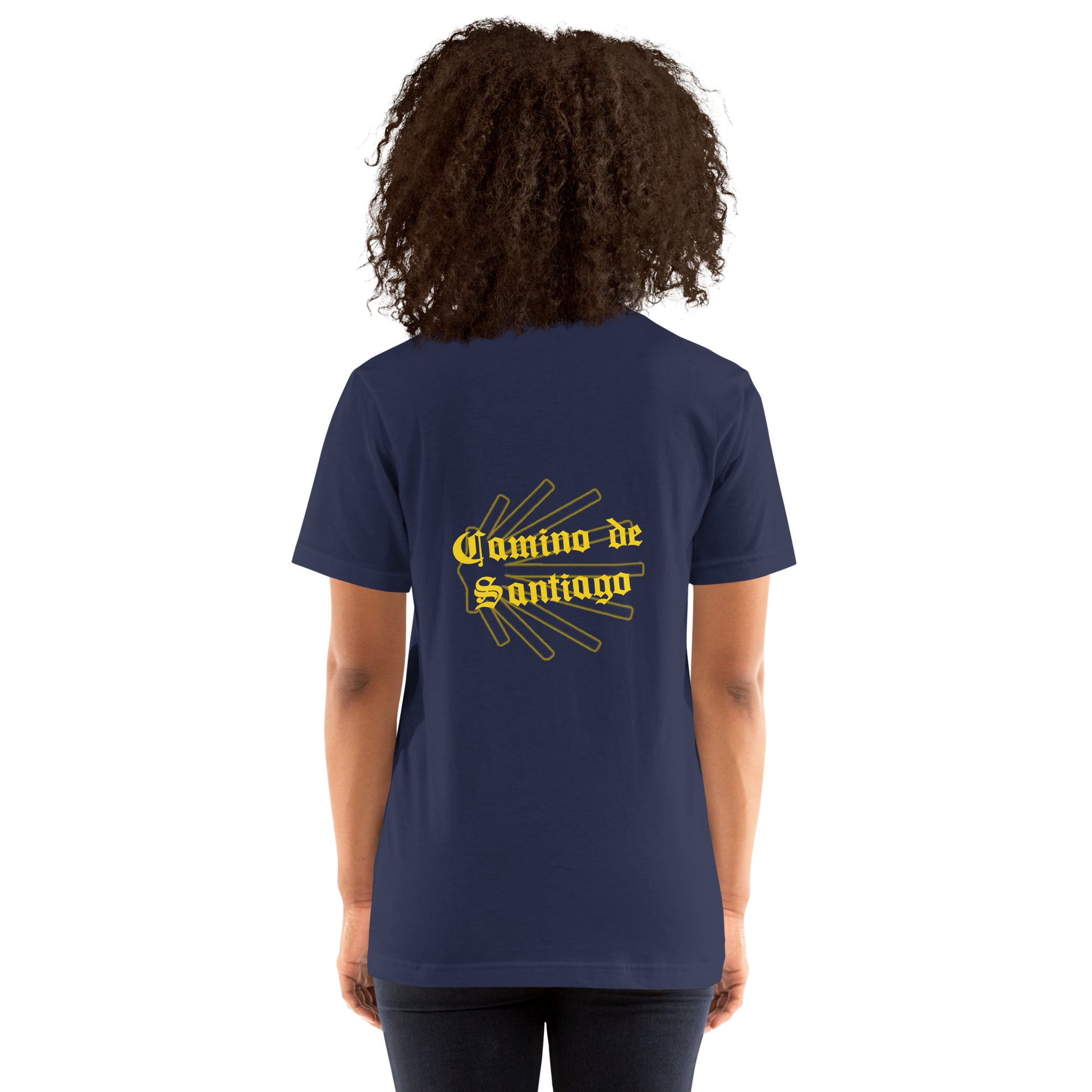 Royal Blue Unisex Camino de Santiago T-Shirt, Back View Seashell