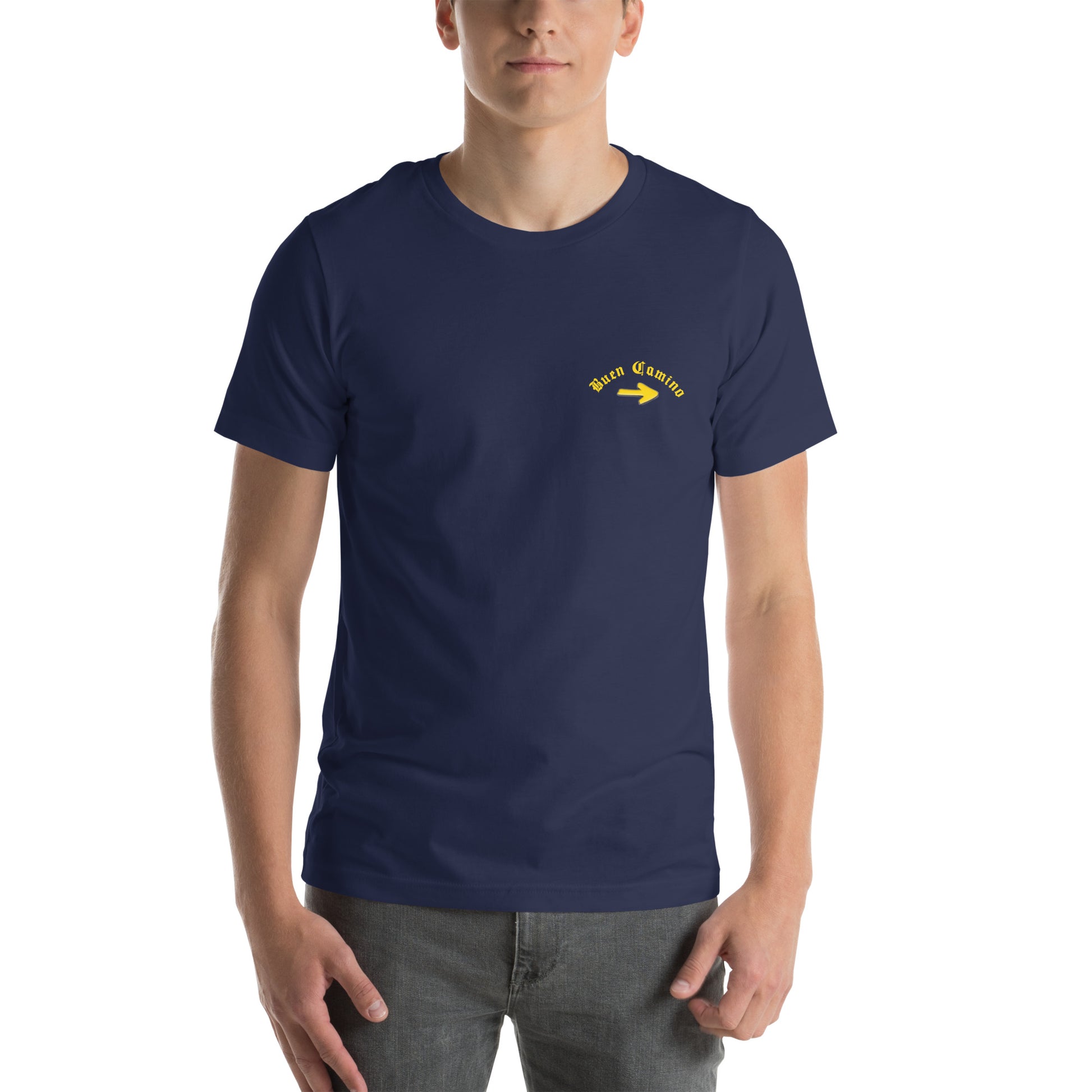 Navy Male Camino de Santiago T-Shirt, Front View Buen Camino arrow logo