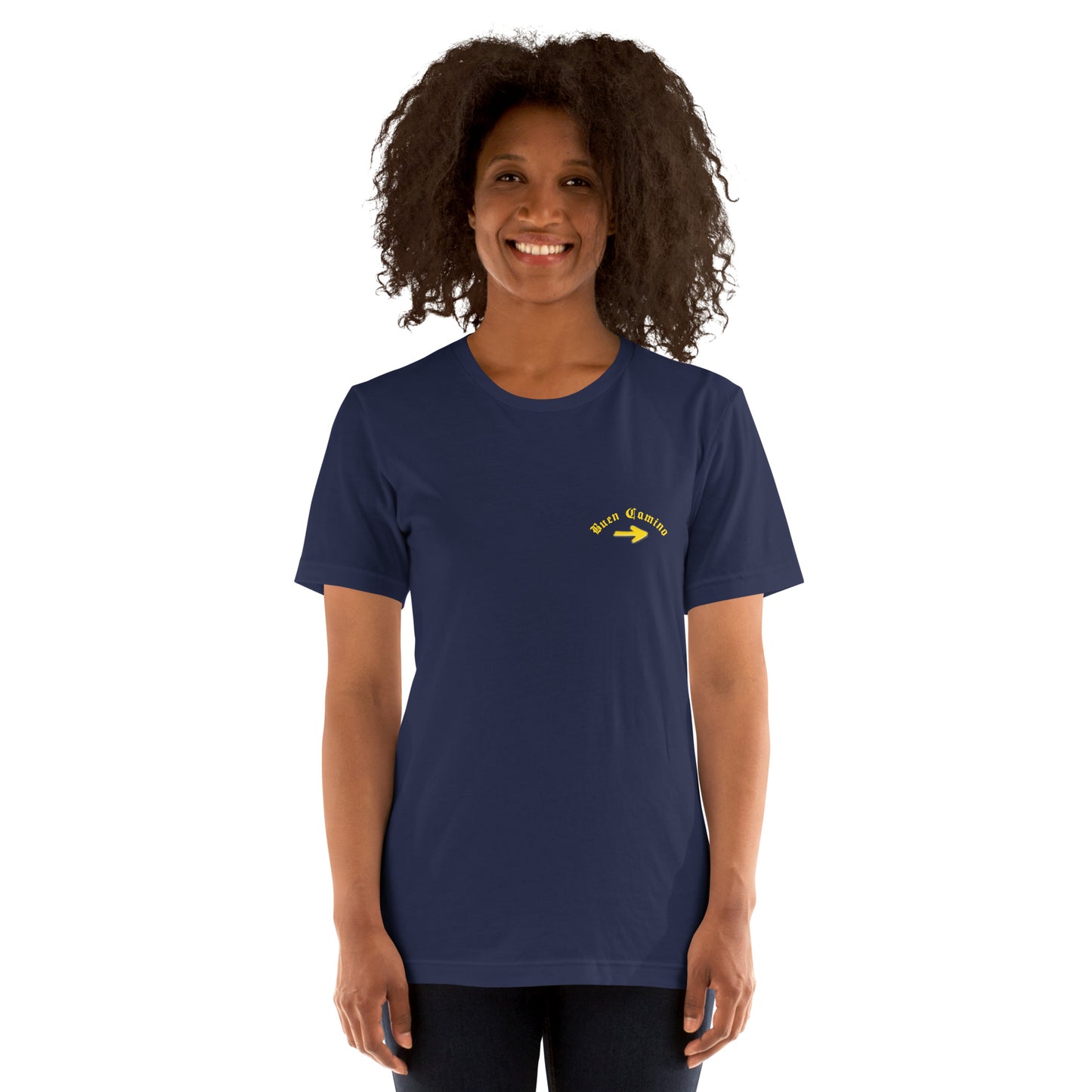 Navy Female Camino de Santiago T-Shirt, Front View Buen Camino arrow logo