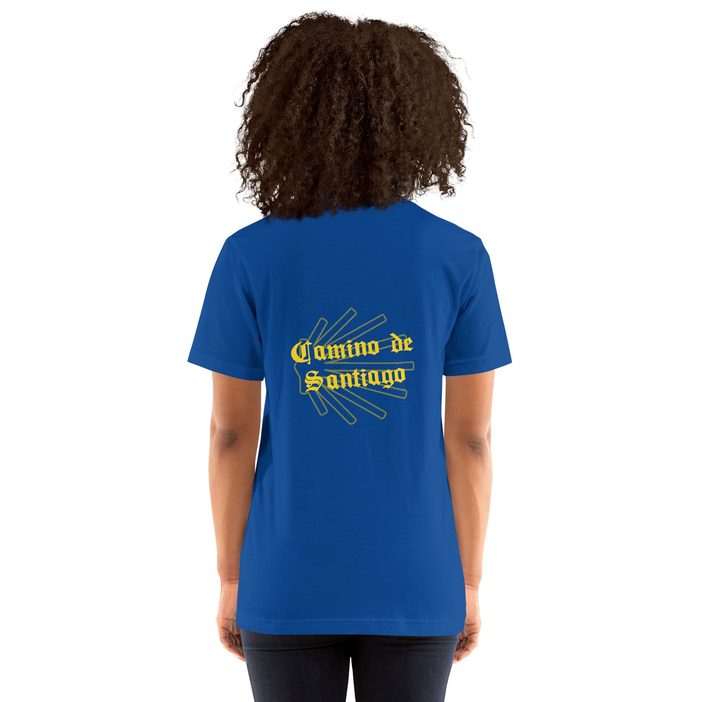 Royal Blue Unisex Camino de Santiago T-Shirt, Back View Seashell