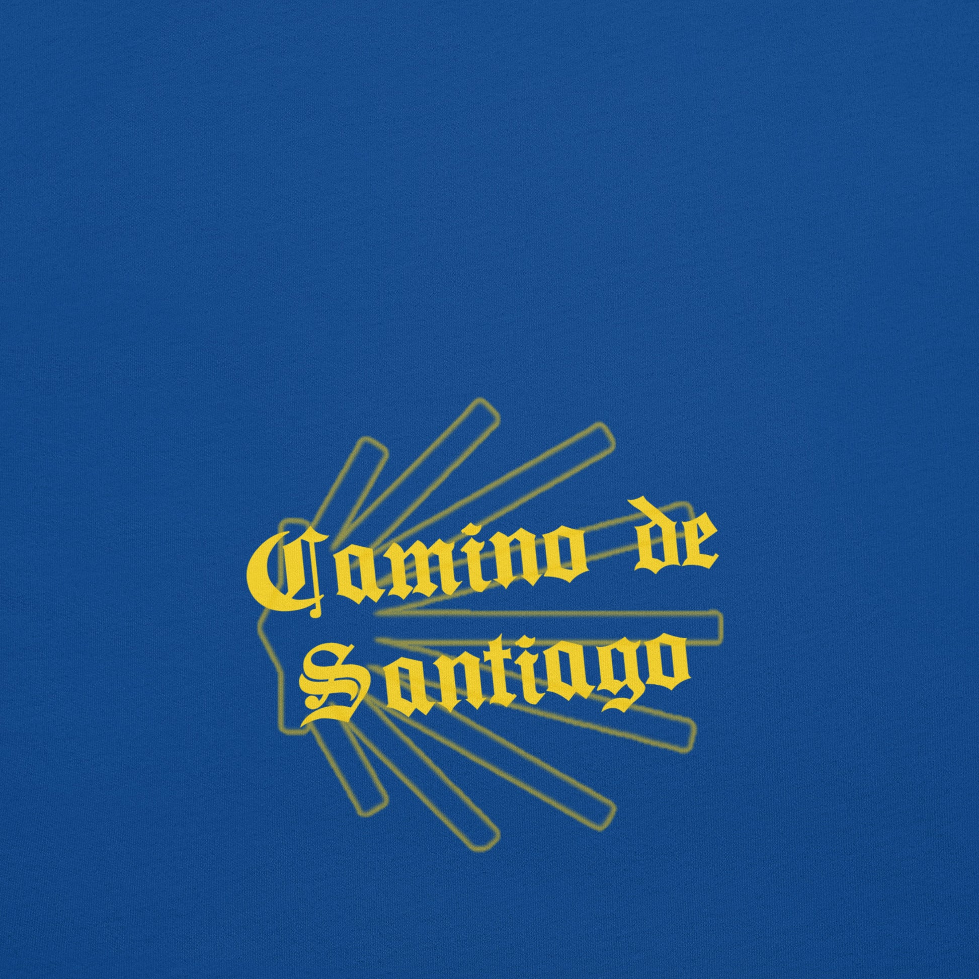 Royal Blue Camino de Santiago T-Shirt, Back View Close-up Seashell