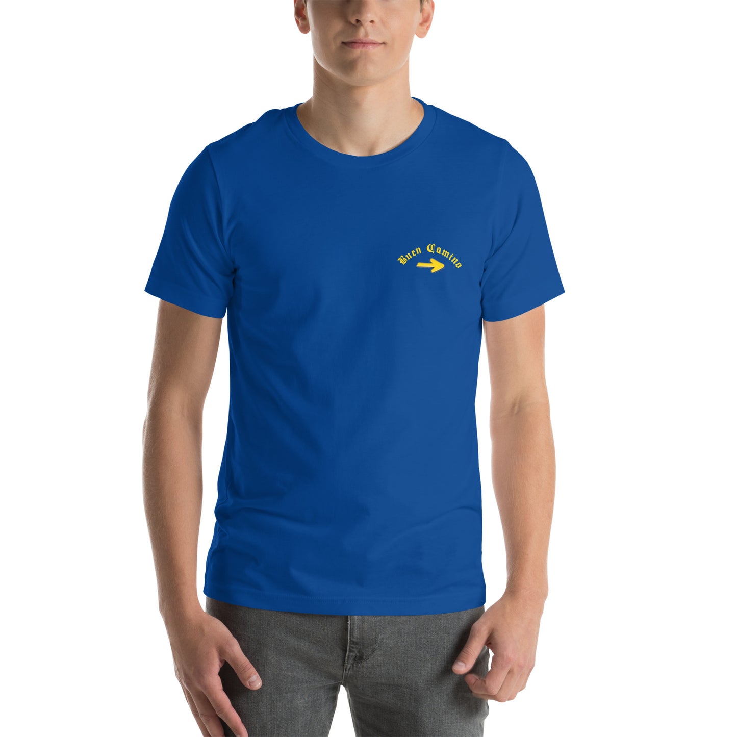 Royal Blue Male Camino de Santiago T-Shirt, Front View Buen Camino arrow logo