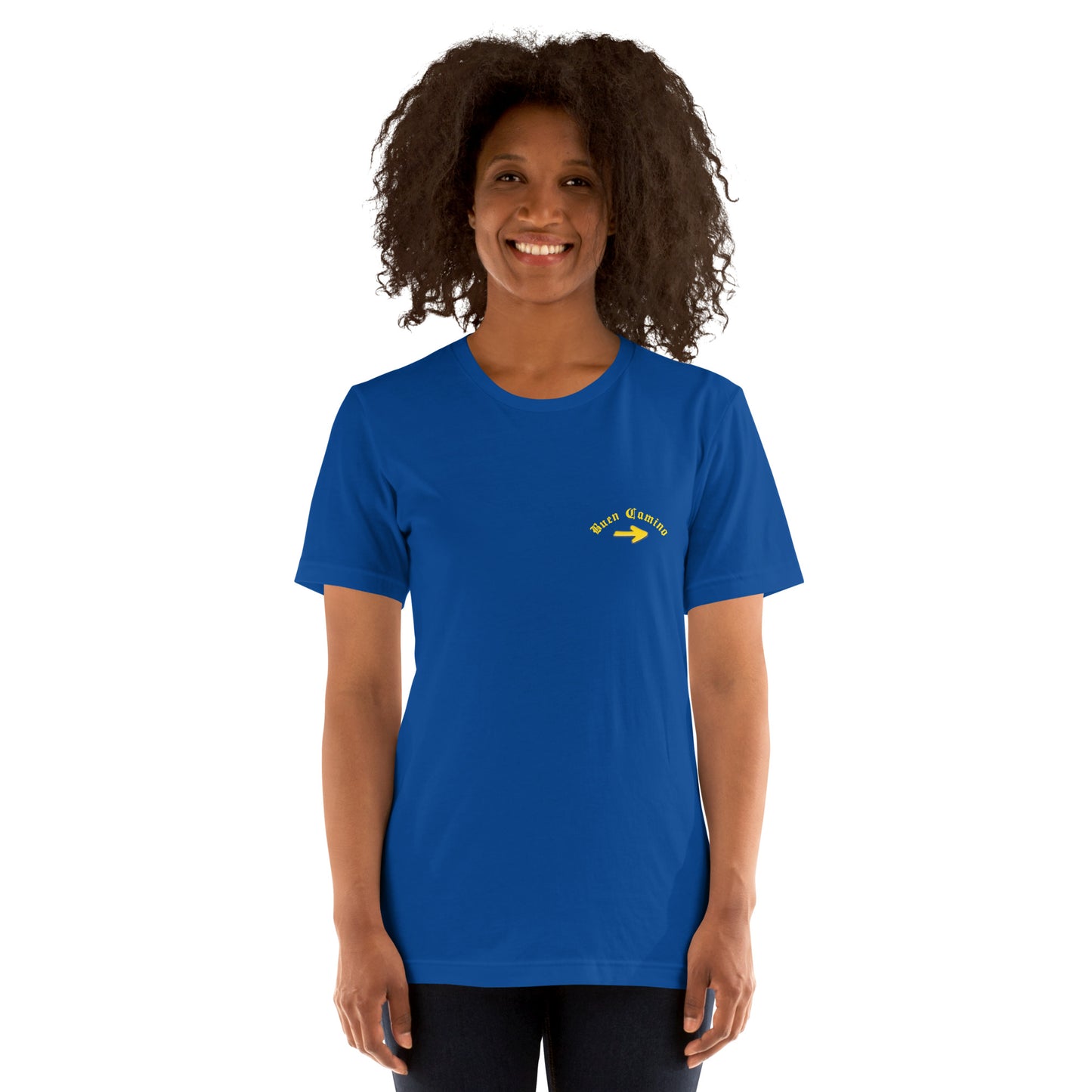 Royal Blue Female Camino de Santiago T-Shirt, Front View Buen Camino arrow logo