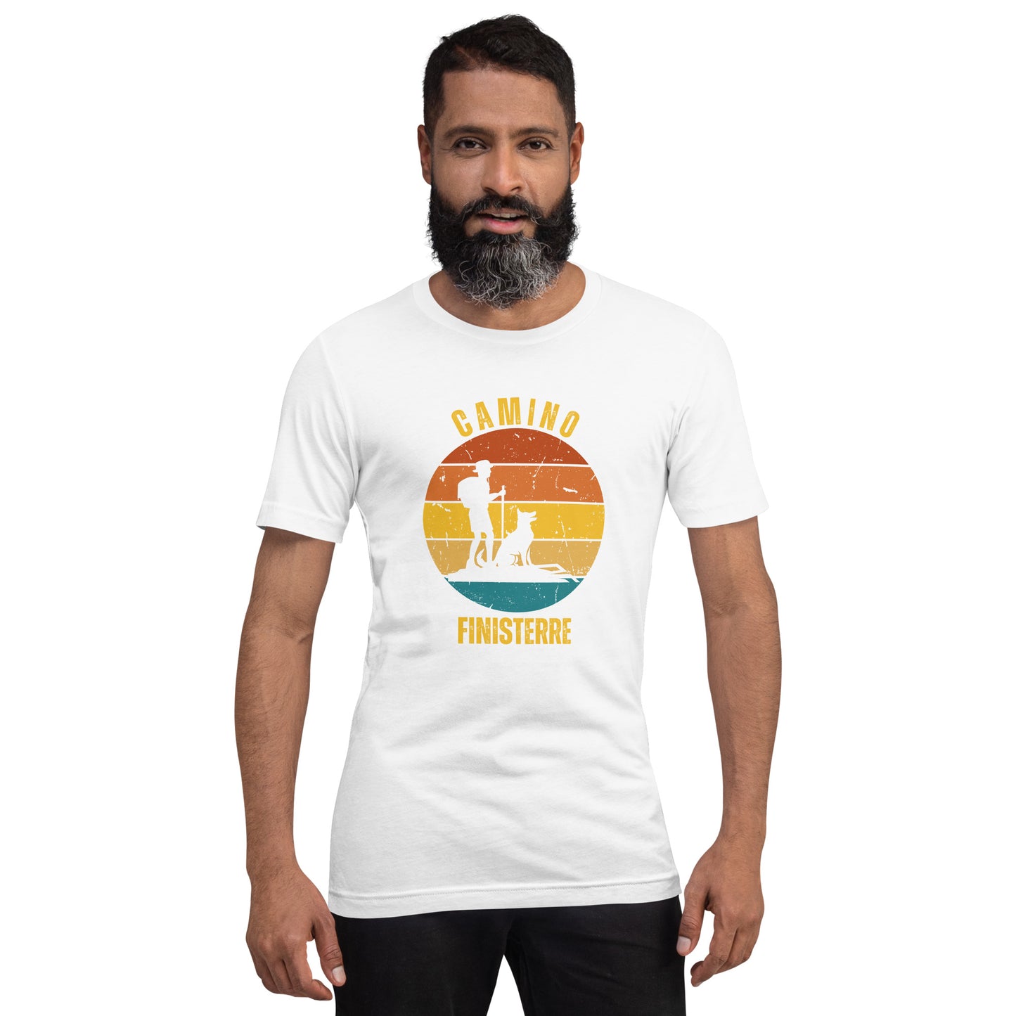 Camino Finisterre T-Shirt, Commemorate Camino de Santiago Finisterra Keepsake, Peregrino & Dog, Unisex