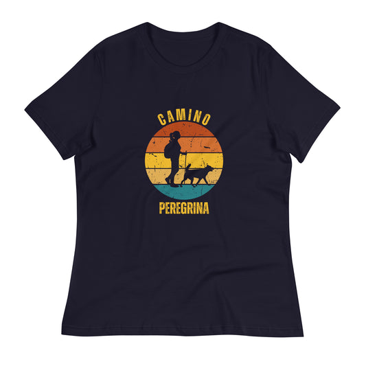 Camino Peregrino Women's T-Shirt, Camino de Santiago Pilgrim Keepsake, Solo Hiker with Dog