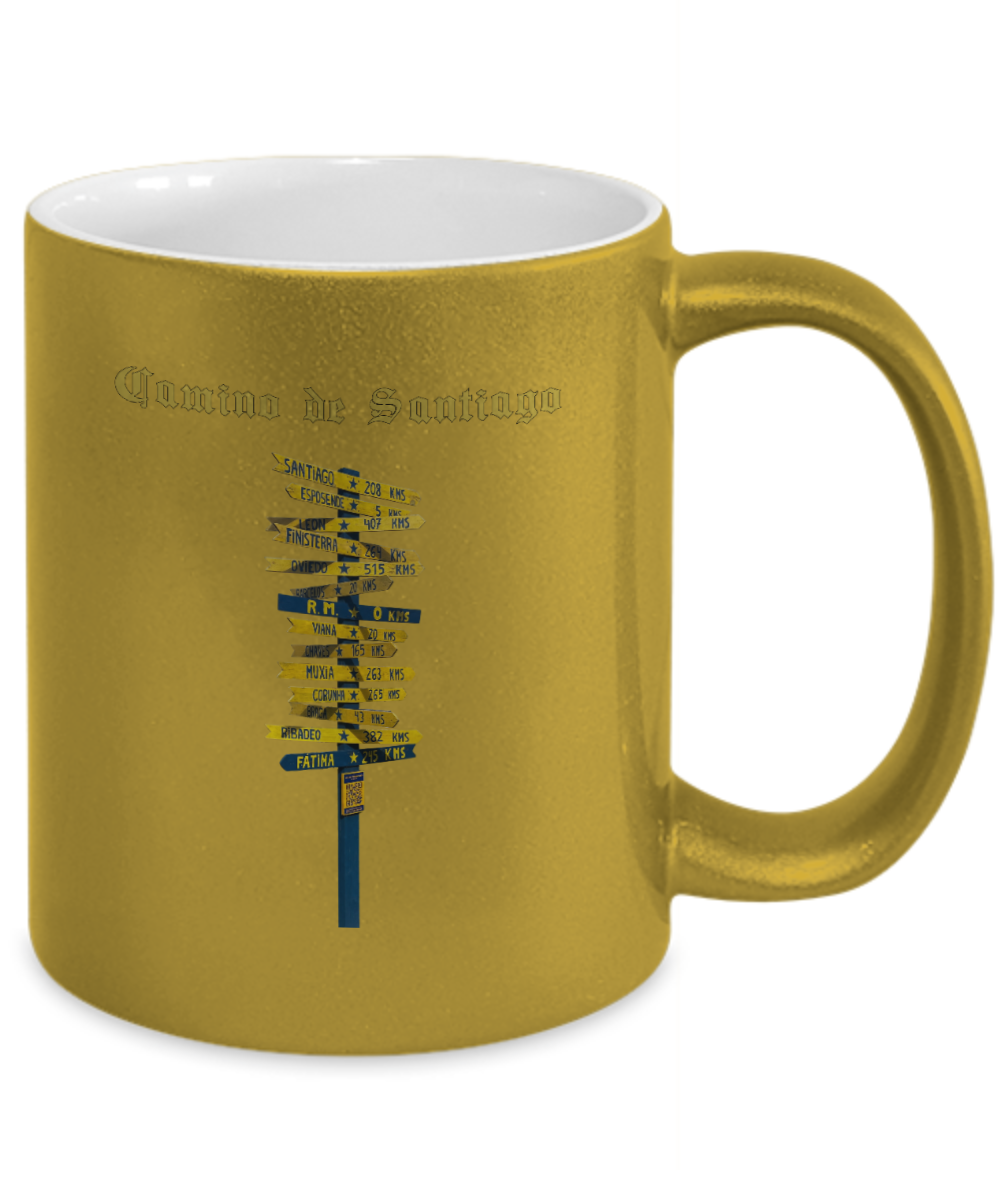 Camino de Santiago Signpost Sparkle Mug, Gift for Peregrino Journey Camino Metalic Finish Ceramic 11 oz.