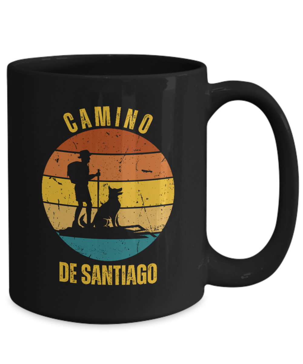 Camino de Santiago Gift Mug, Hiker with Dog Ceramic Coffee Mug, 11 or 15 oz. White or Black