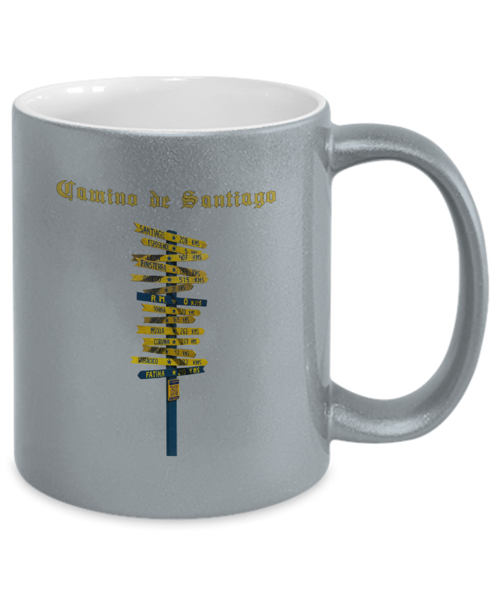 Camino de Santiago Signpost Sparkle Mug, Gift for Peregrino Journey Camino Metalic Finish Ceramic 11 oz.