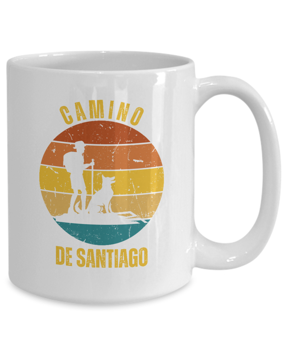 Camino de Santiago Gift Mug, Hiker with Dog Ceramic Coffee Mug, 11 or 15 oz. White or Black