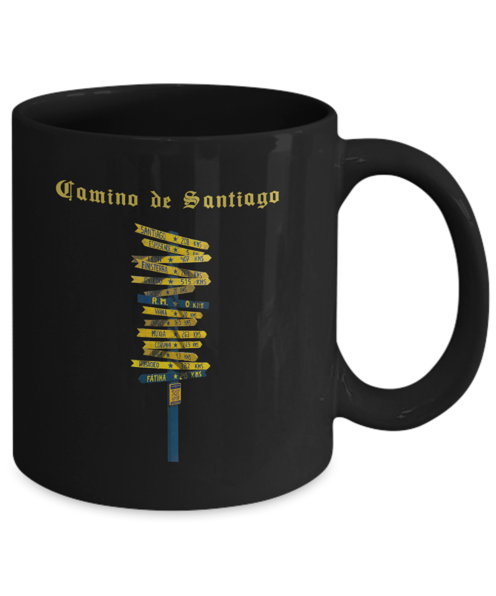 Camino de Santiago Signpost Mug, Gift for Peregrino Journey Camino Black Ceramic 11 or 15 oz.