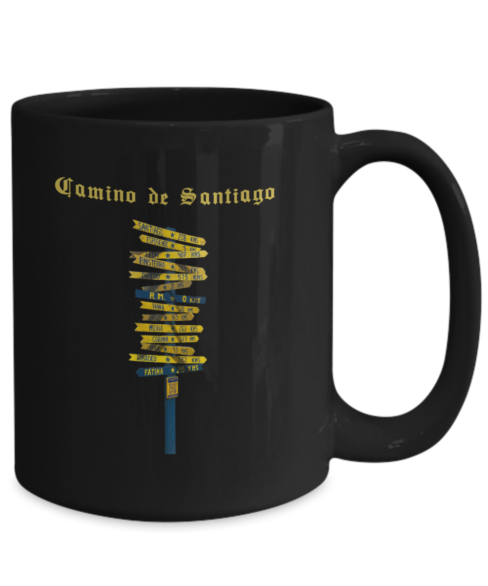 Camino de Santiago Signpost Mug, Gift for Peregrino Journey Camino Black Ceramic 11 or 15 oz.