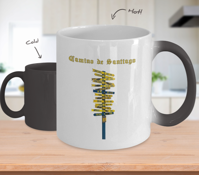 Camino de Santiago Mug, Signpost, White Ceramic 11 oz Color Changing