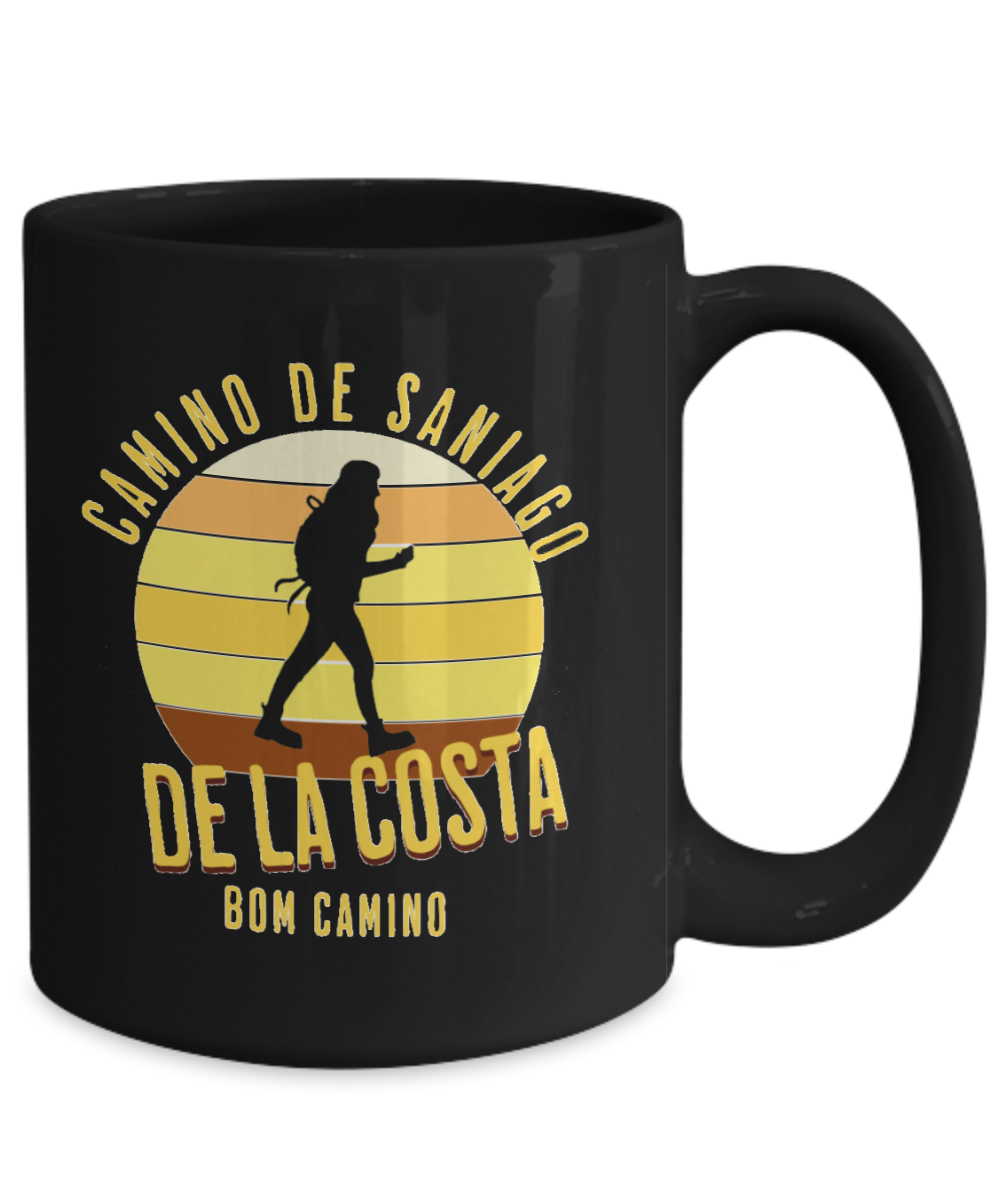 Camino de la Costa Solo Hiker Mug Gift for Peregrino Journey Bom Camino Black Ceramic 11 or 15 oz.