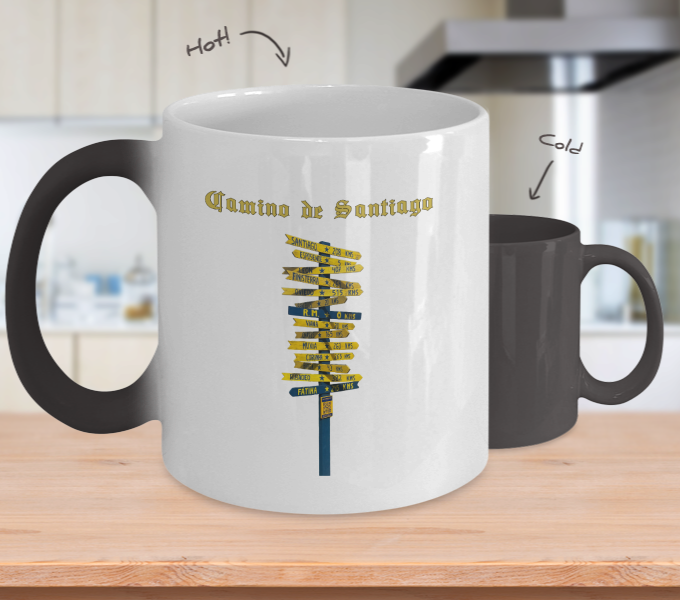 Camino de Santiago Mug, Signpost, White Ceramic 11 oz Color Changing