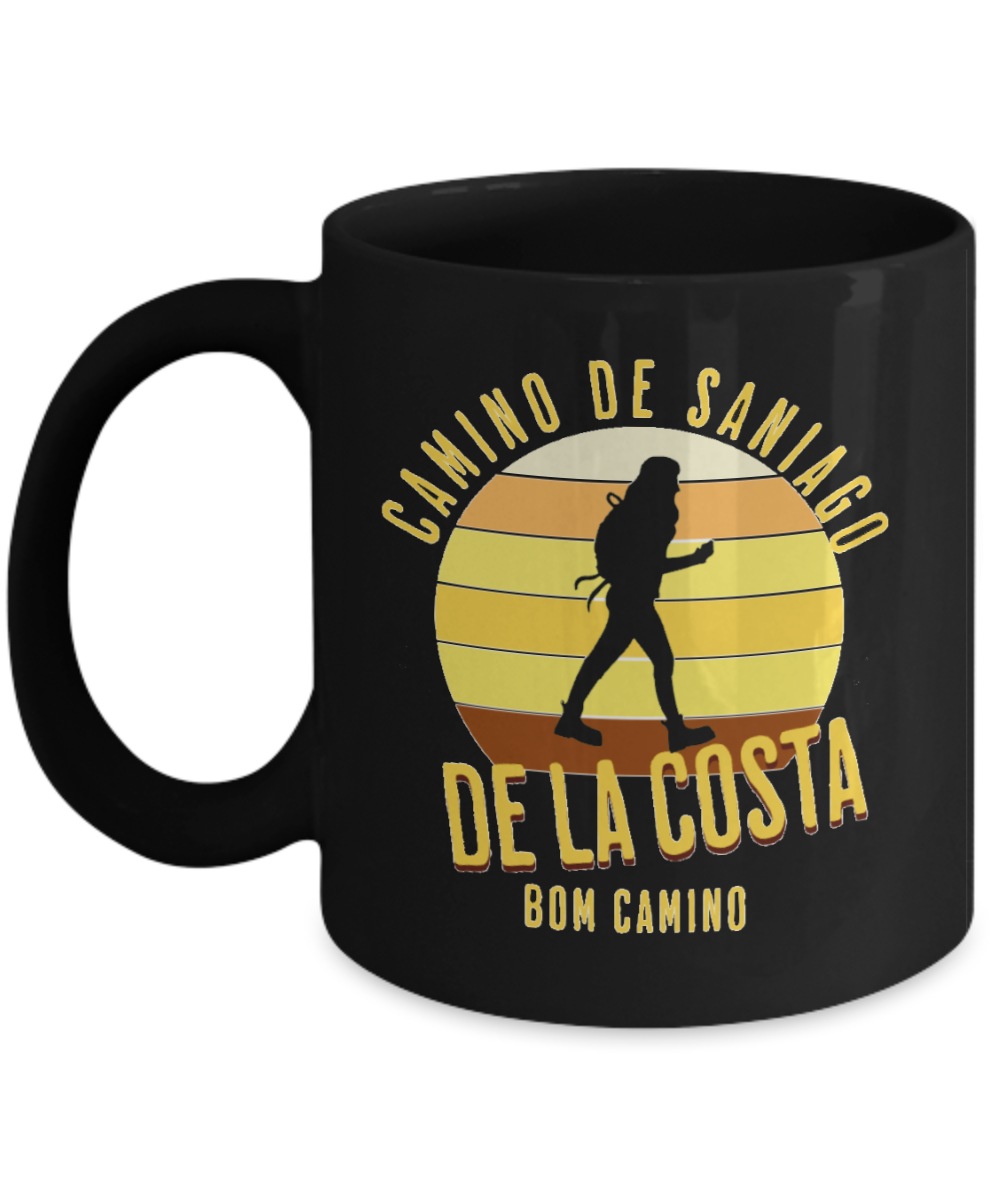 Camino de la Costa Solo Hiker Mug Gift for Peregrino Journey Bom Camino Black Ceramic 11 or 15 oz.