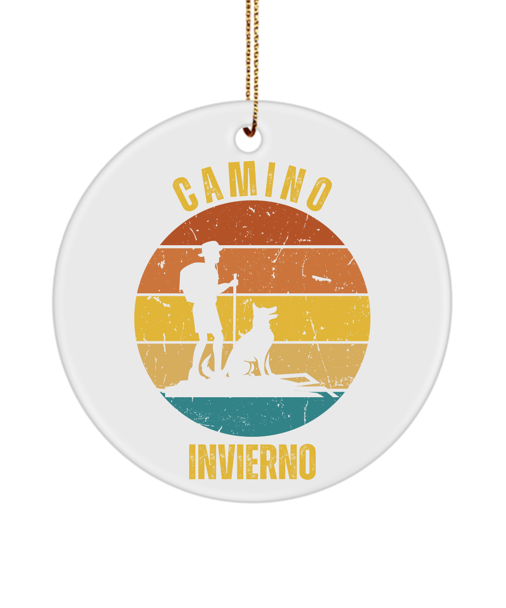 Camino de Santiago Christmas Ornament Hiker Dog Invierno, 3" Ceramic, Round