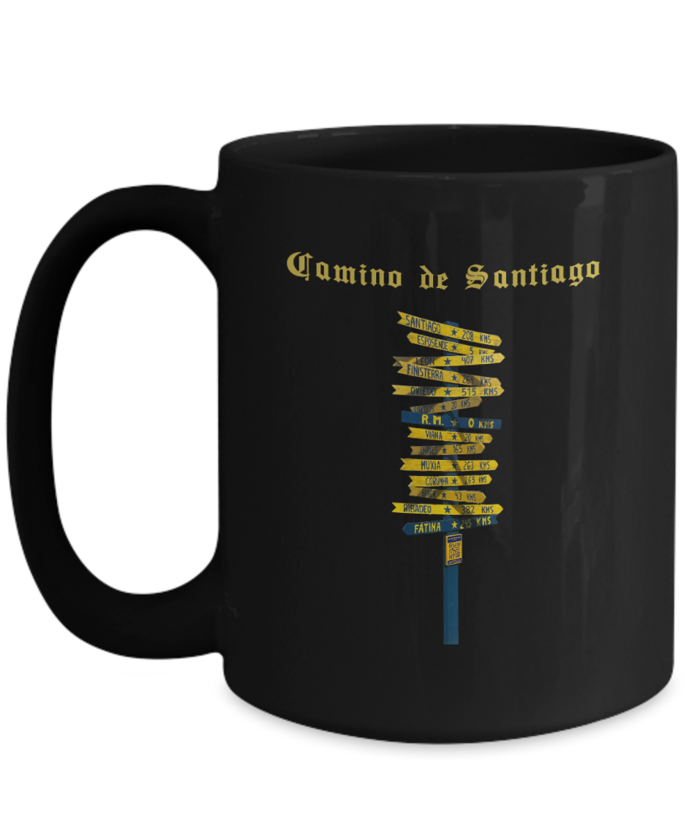 Camino de Santiago Signpost Mug, Gift for Peregrino Journey Camino Black Ceramic 11 or 15 oz.