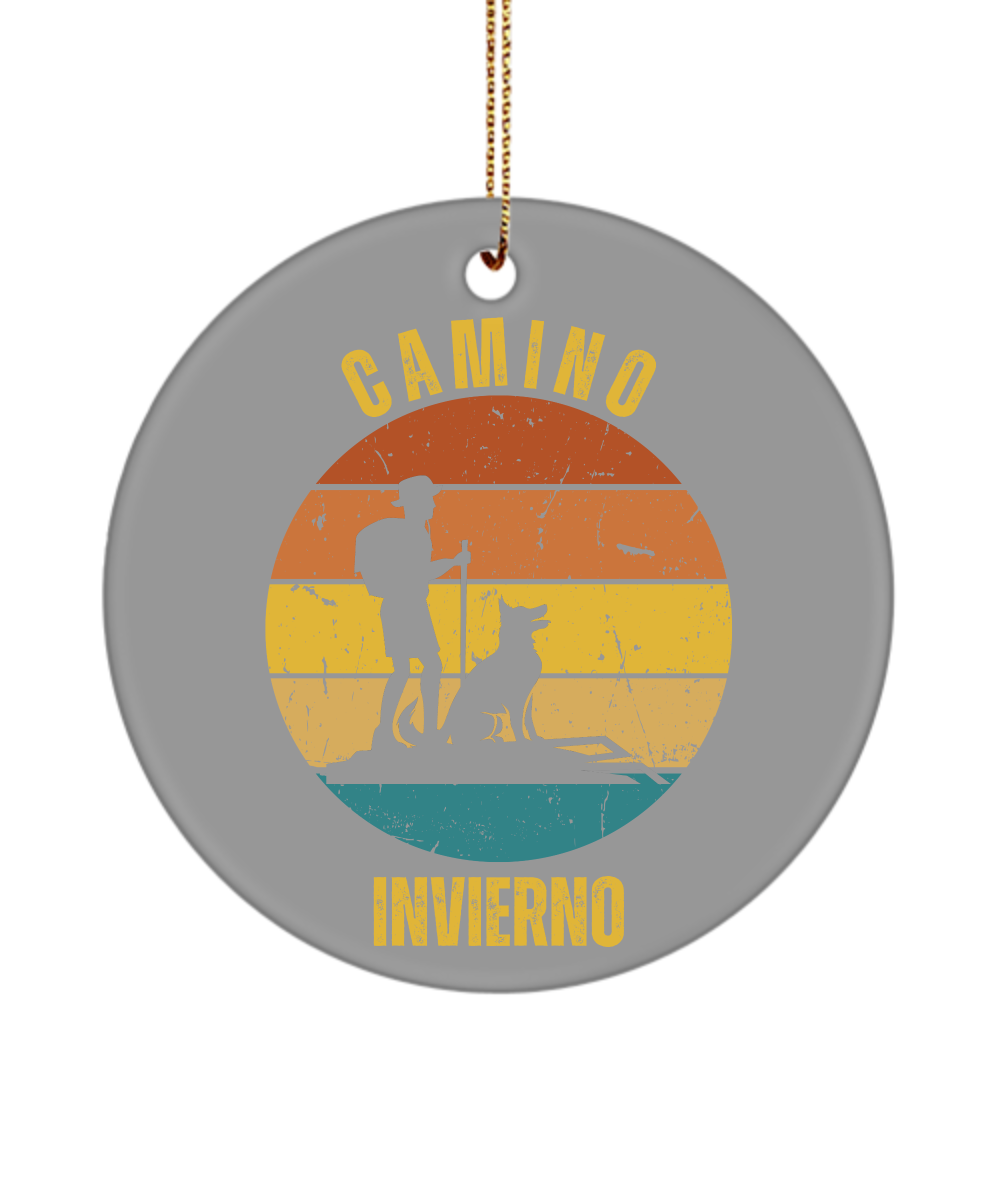 Camino de Santiago Christmas Ornament Hiker Dog Invierno, 3" Ceramic, Round