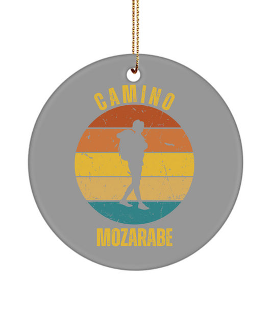 Camino de Santiago Christmas Ornament Solo Hiker Mozarabe, 3" Round, Ceramic