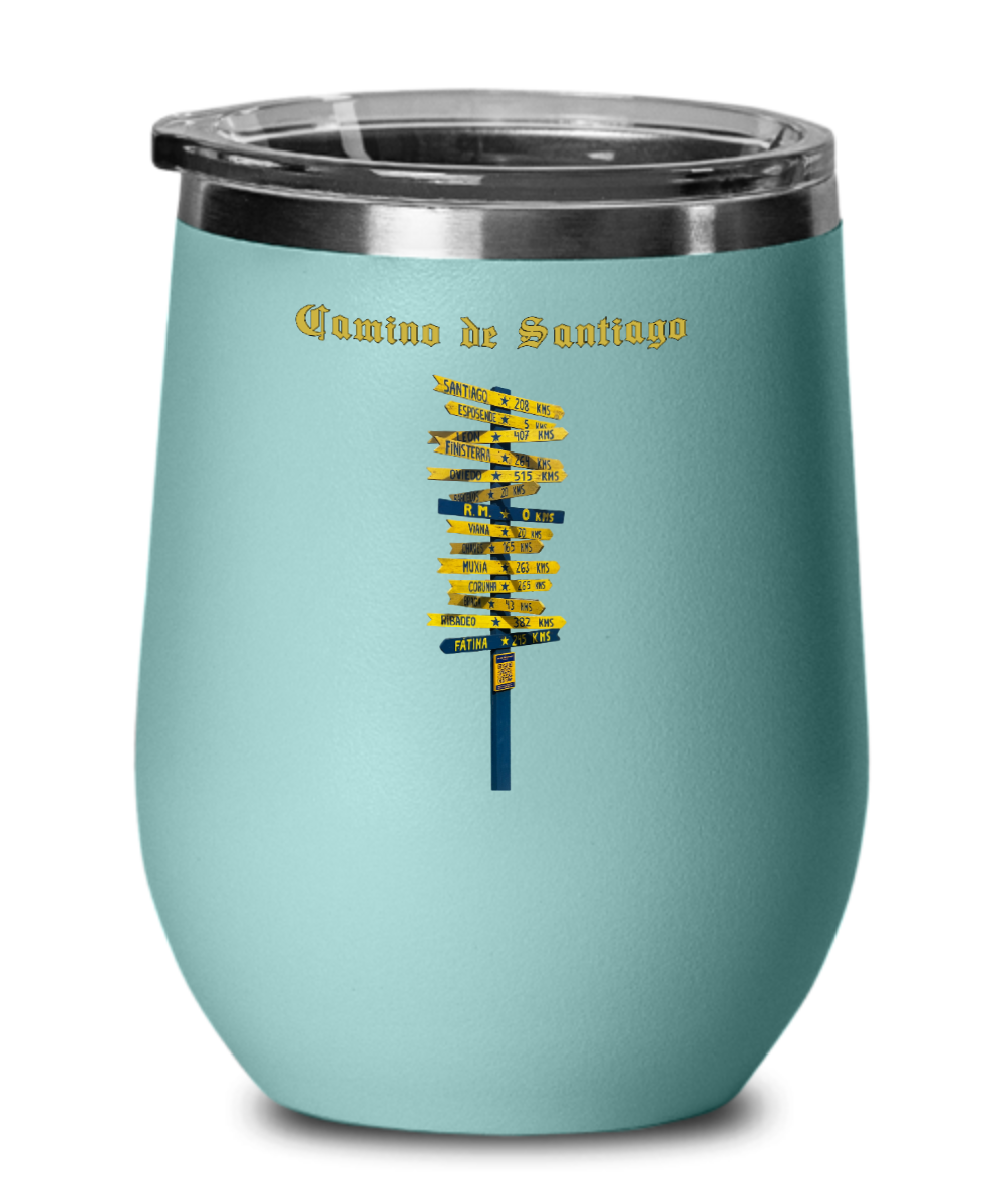 Camino de Santiago Signpost Stemless Wine Glass Commemorate Your Peregrino Journey Camino Gift for Christmas Vacuum Sealed with Lid 12 oz.