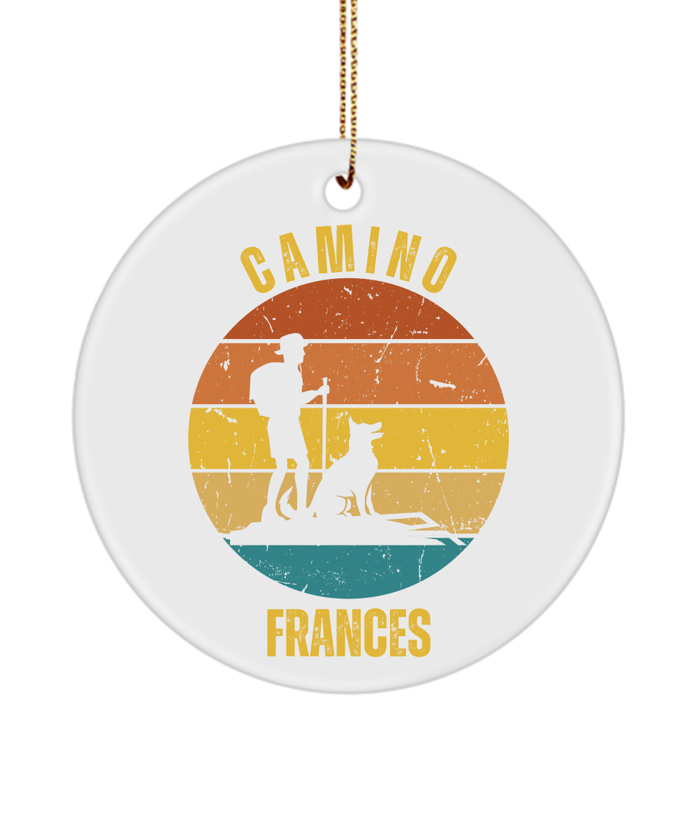 Camino de Santiago Christmas Ornament Hiker Dog Frances, 3" Ceramic, Round