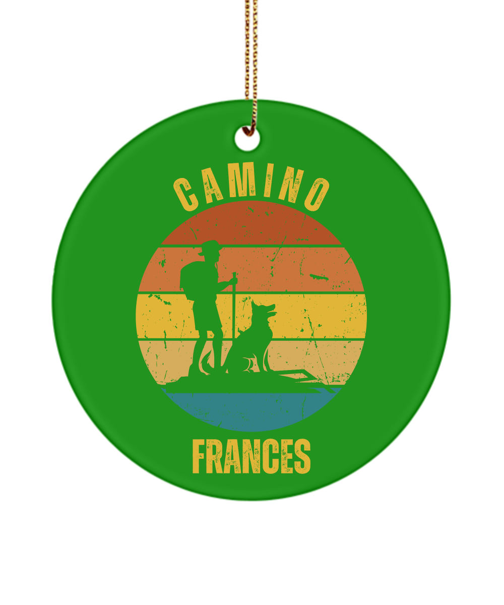 Camino de Santiago Christmas Ornament Hiker Dog Frances, 3" Ceramic, Round