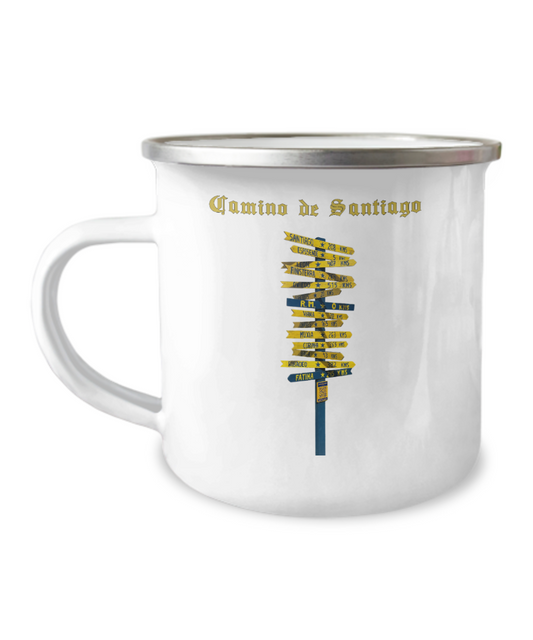 Camino de Santiago Gift Signpost Camper Mug Commemorate Your Peregrino Journey Camino Gift for Christmas Enamel Finish 12 oz.