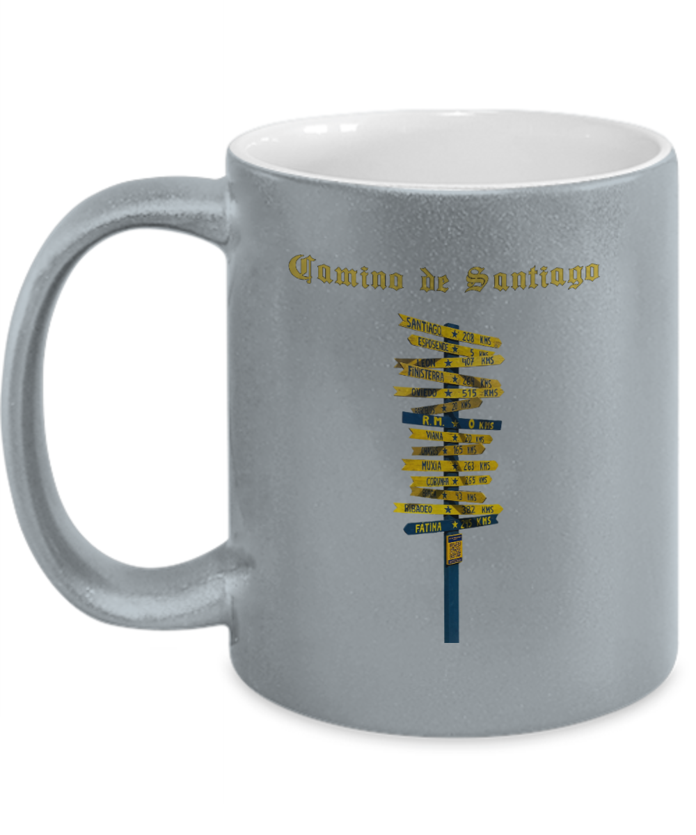 Camino de Santiago Signpost Sparkle Mug, Gift for Peregrino Journey Camino Metalic Finish Ceramic 11 oz.