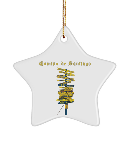 Camino de Santiago Christmas Ornament Sign Post 3" Ceramic Star, 5 colors