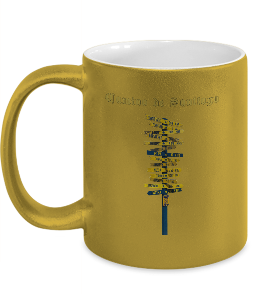 Camino de Santiago Signpost Sparkle Mug, Gift for Peregrino Journey Camino Metalic Finish Ceramic 11 oz.