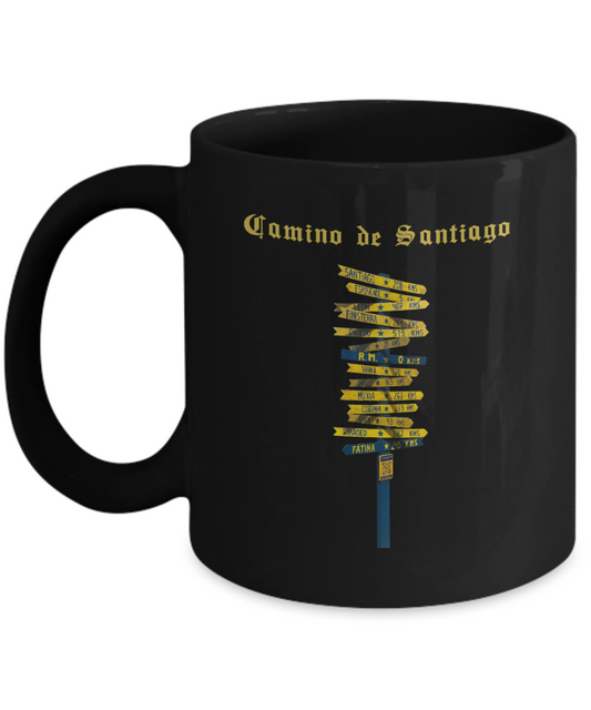 Camino de Santiago Signpost Mug, Gift for Peregrino Journey Camino Black Ceramic 11 or 15 oz.