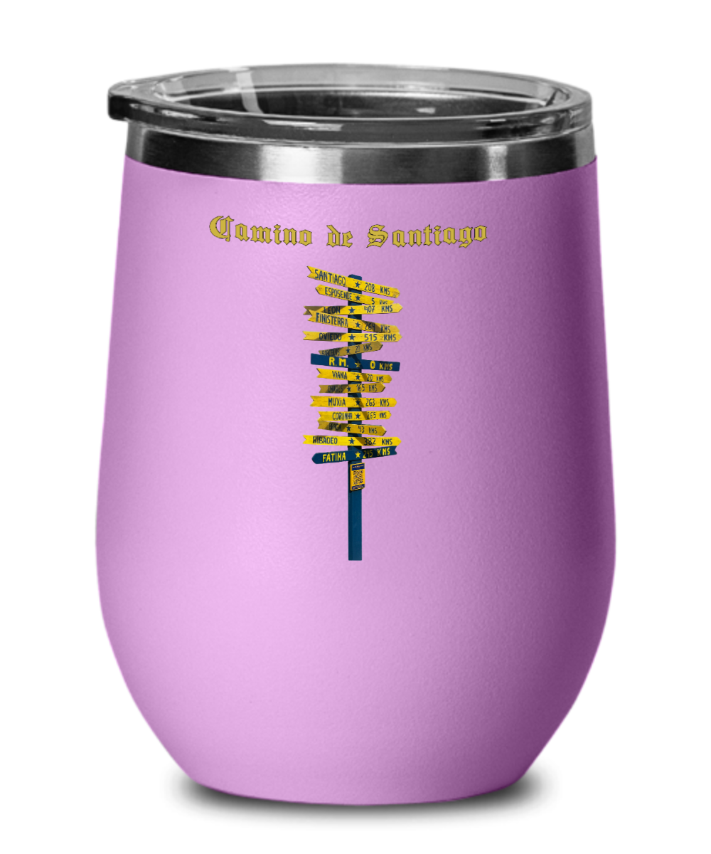 Camino de Santiago Signpost Stemless Wine Glass Commemorate Your Peregrino Journey Camino Gift for Christmas Vacuum Sealed with Lid 12 oz.