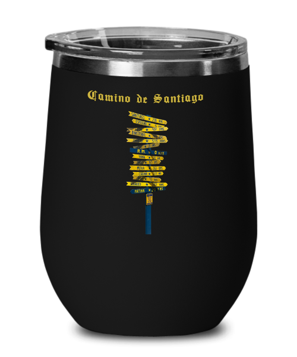 Camino de Santiago Signpost Stemless Wine Glass Commemorate Your Peregrino Journey Camino Gift for Christmas Vacuum Sealed with Lid 12 oz.