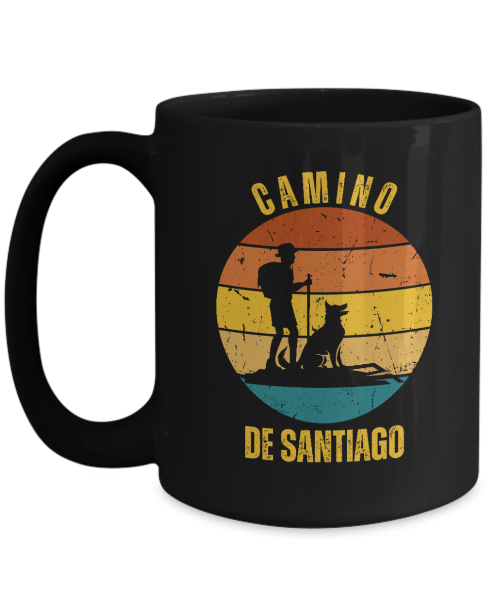 Camino de Santiago Gift Mug, Hiker with Dog Ceramic Coffee Mug, 11 or 15 oz. White or Black