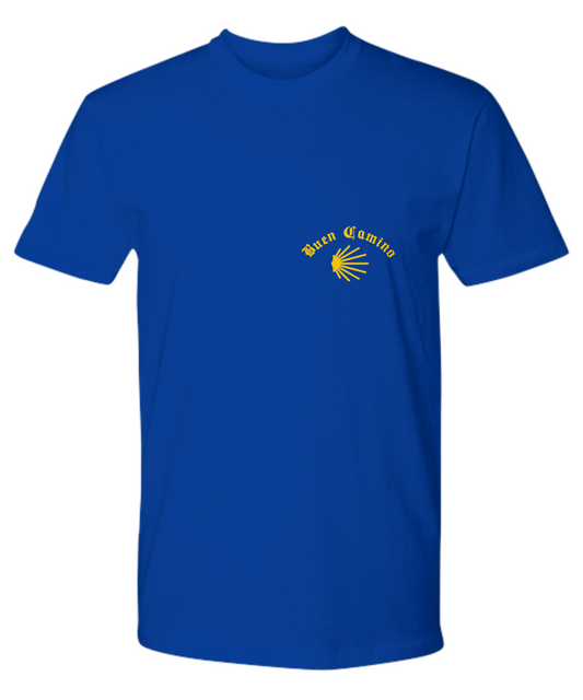 Camino de Santiago Premium T-shirt - Unisex Camino Seashell Logo, Arrow on Back