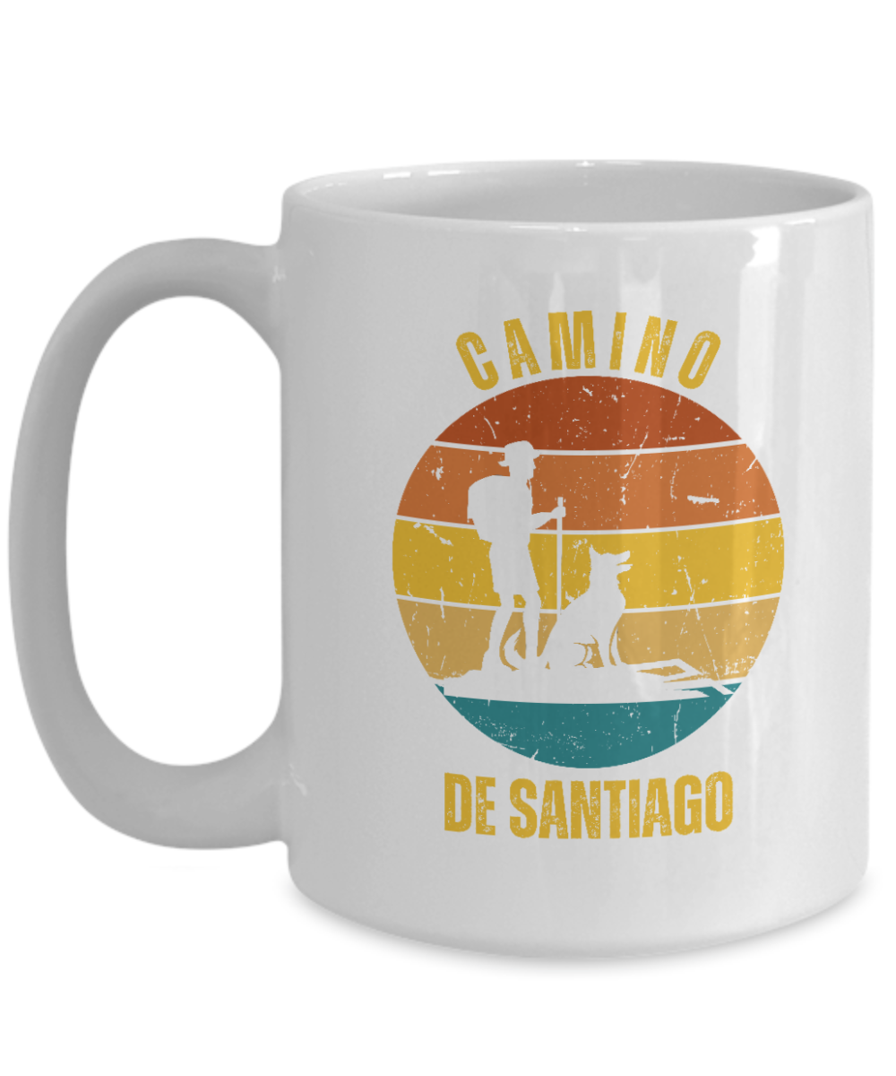 Camino de Santiago Gift Mug, Hiker with Dog Ceramic Coffee Mug, 11 or 15 oz. White or Black