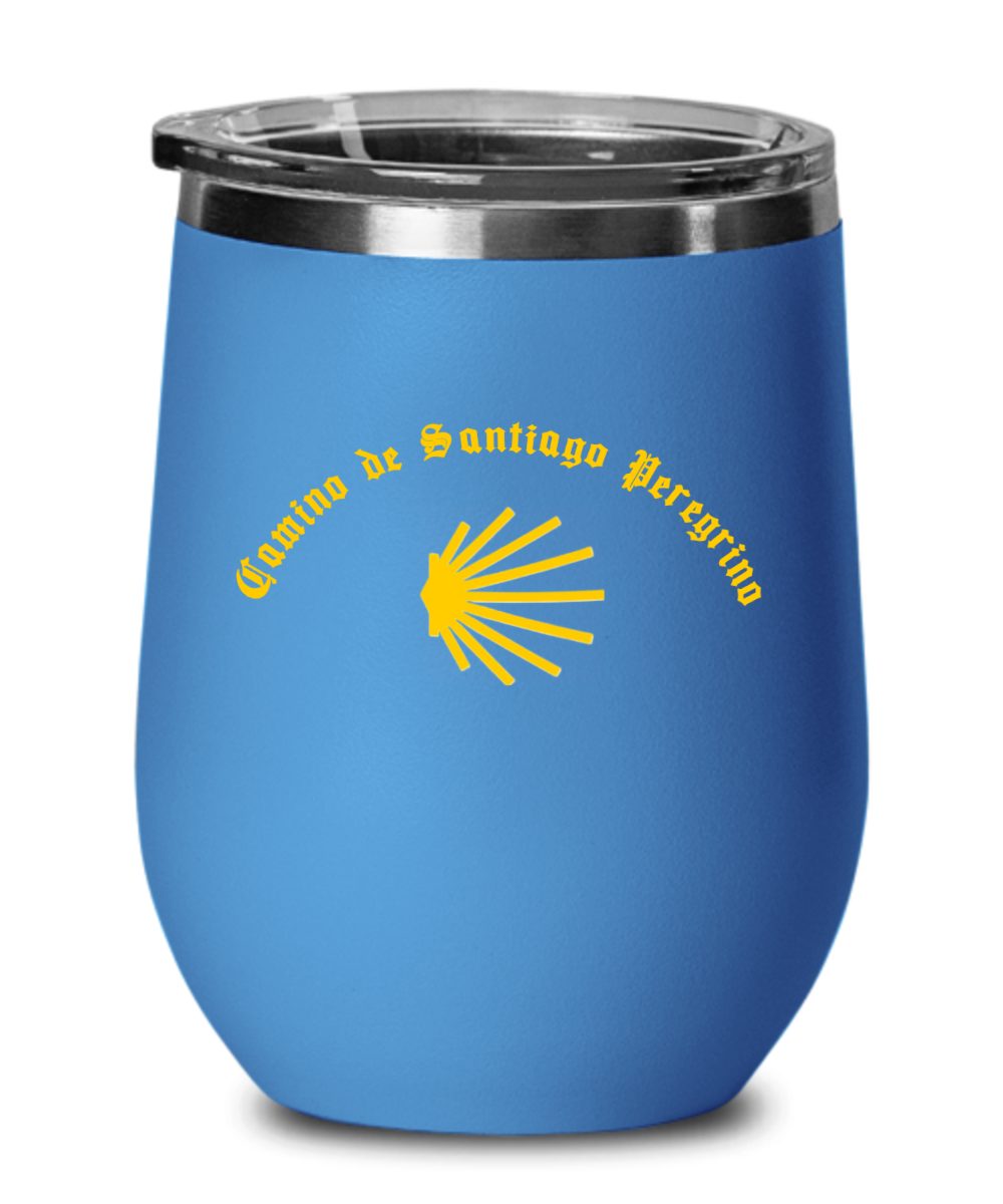 Camino de Santiago Peregrino Lidded, Insulated Wine Glass with Seashell, 12 oz.