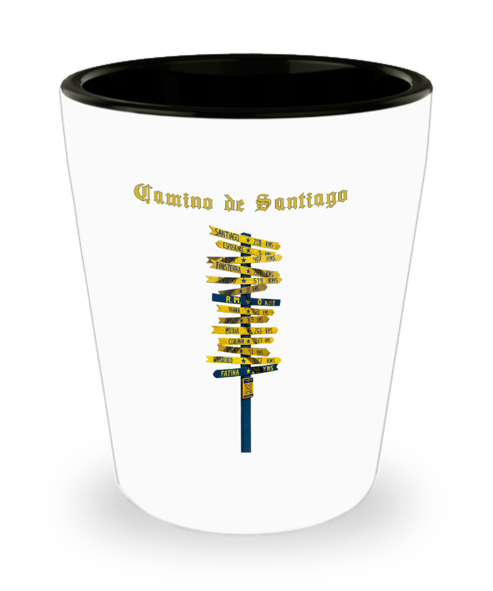 Camino de Santiago Signpost Shot Glass, Camino Gift, White Ceramic 1.5 oz.