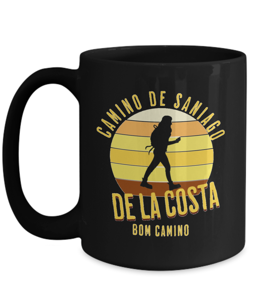 Camino de la Costa Solo Hiker Mug Gift for Peregrino Journey Bom Camino Black Ceramic 11 or 15 oz.