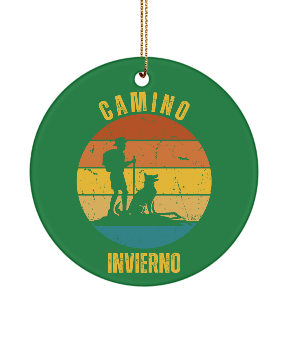 Camino de Santiago Christmas Ornament Hiker Dog Invierno, 3" Ceramic, Round