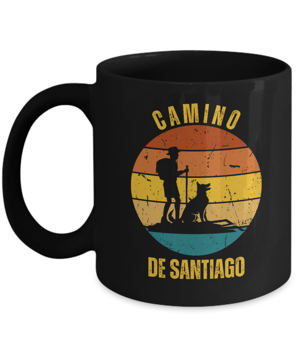 Camino de Santiago Gift Mug, Hiker with Dog Ceramic Coffee Mug, 11 or 15 oz. White or Black