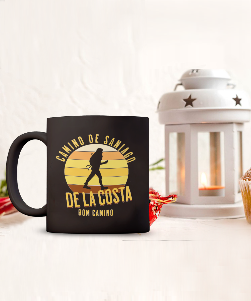 Camino de la Costa Solo Hiker Mug Gift for Peregrino Journey Bom Camino Black Ceramic 11 or 15 oz.