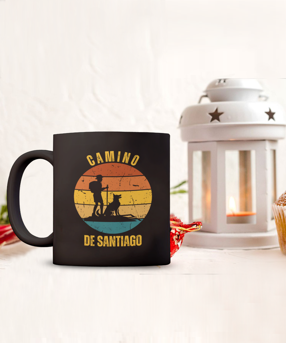 Camino de Santiago Gift Mug, Hiker with Dog Ceramic Coffee Mug, 11 or 15 oz. White or Black