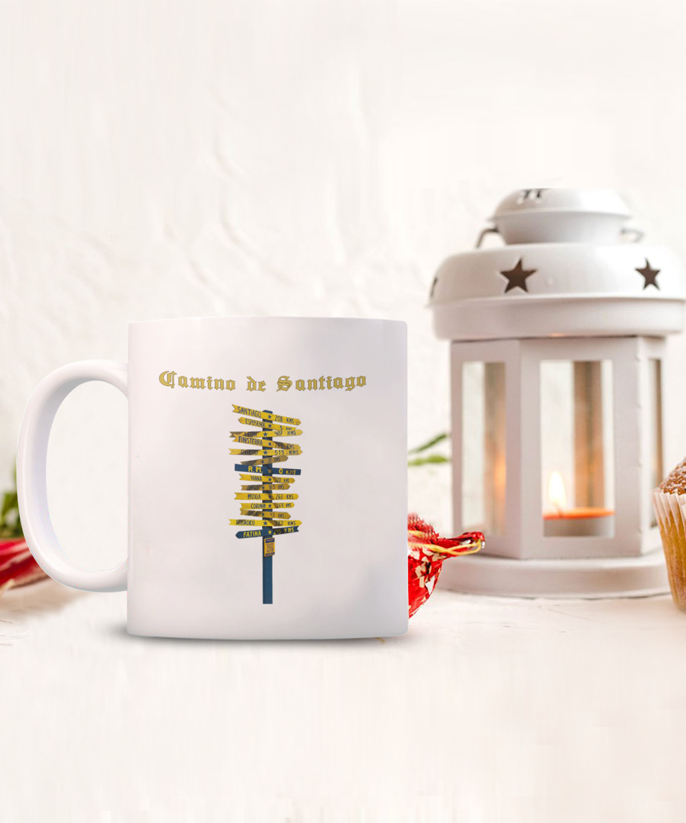 Camino de Santiago Signpost Mug Gift for Peregrino Journey Camino Gift  White Ceramic 11 or 15 oz.