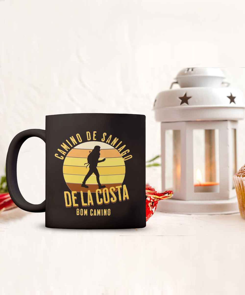 Camino de la Costa Solo Hiker Mug Gift for Peregrino Journey Bom Camino Black Ceramic 11 or 15 oz.