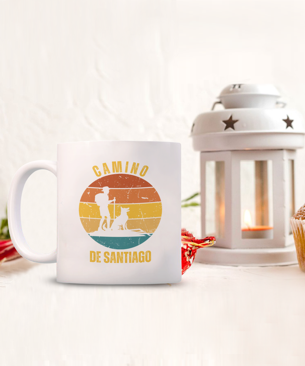 Camino de Santiago Gift Mug, Hiker with Dog Ceramic Coffee Mug, 11 or 15 oz. White or Black