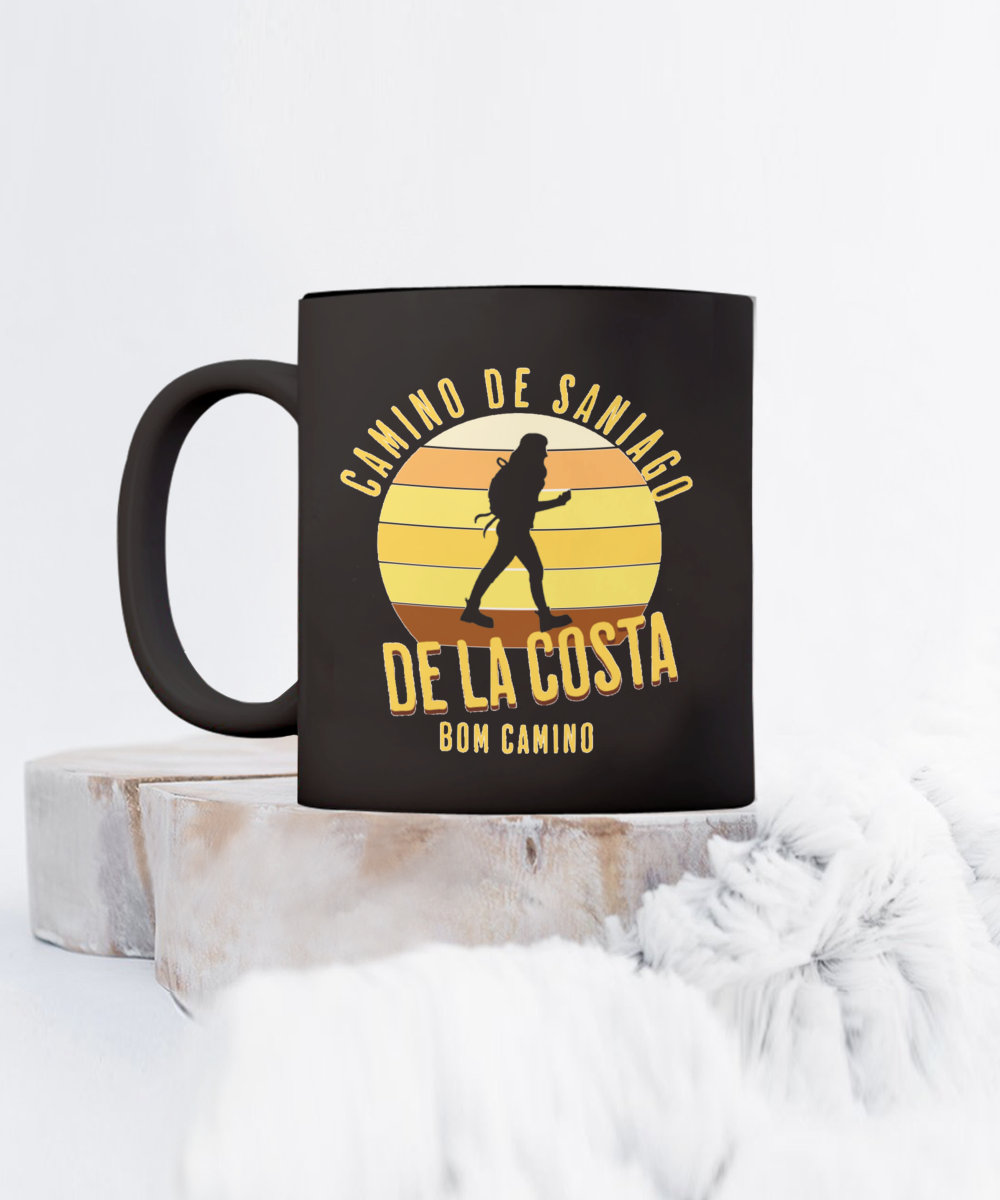 Camino de la Costa Solo Hiker Mug Gift for Peregrino Journey Bom Camino Black Ceramic 11 or 15 oz.