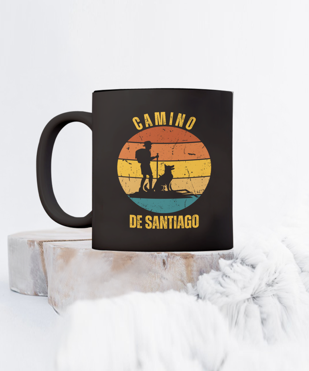 Camino de Santiago Gift Mug, Hiker with Dog Ceramic Coffee Mug, 11 or 15 oz. White or Black